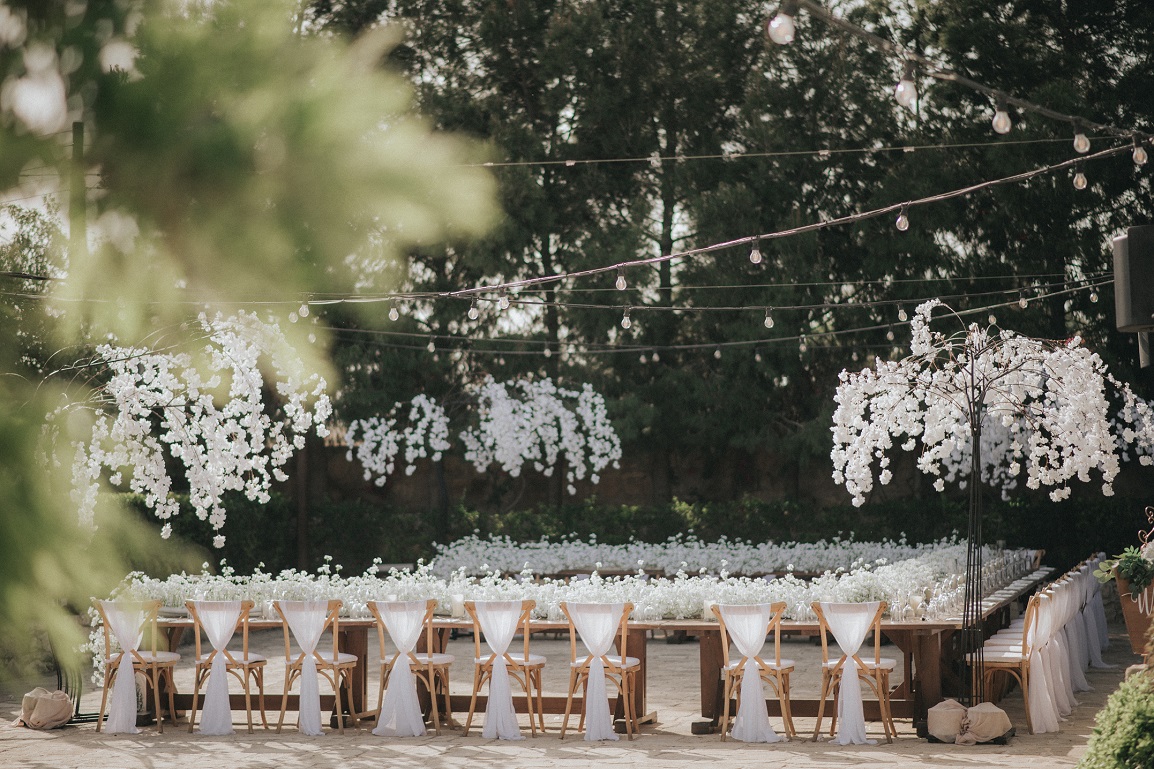 Gypsophila runner and blossom tree reception decor Cyprus Wedding Decorations